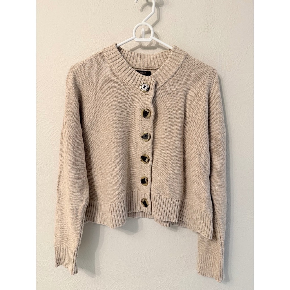Quince Organic Cotton Boxy Cropped Cardigan Oatmeal Beige Button Front Small